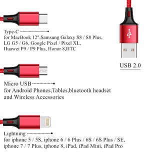 Dây Sạc điện thoại 3 in 1 Đầu Bọc Dù ( USB to Type C / Lightning/ Micro USB, Fast Charging & Data Cable )