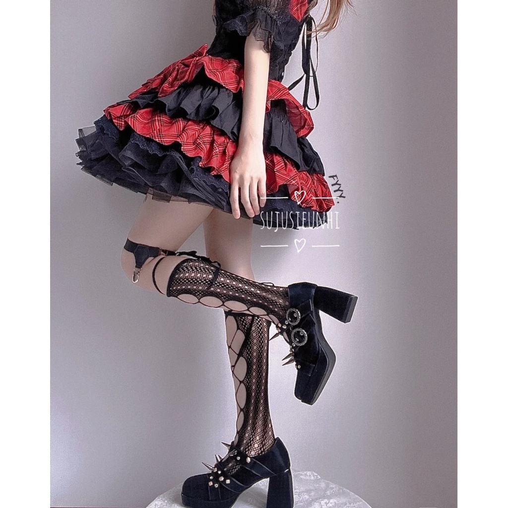 Tất/Vớ bắp lưới buộc dây đan chéo lolita