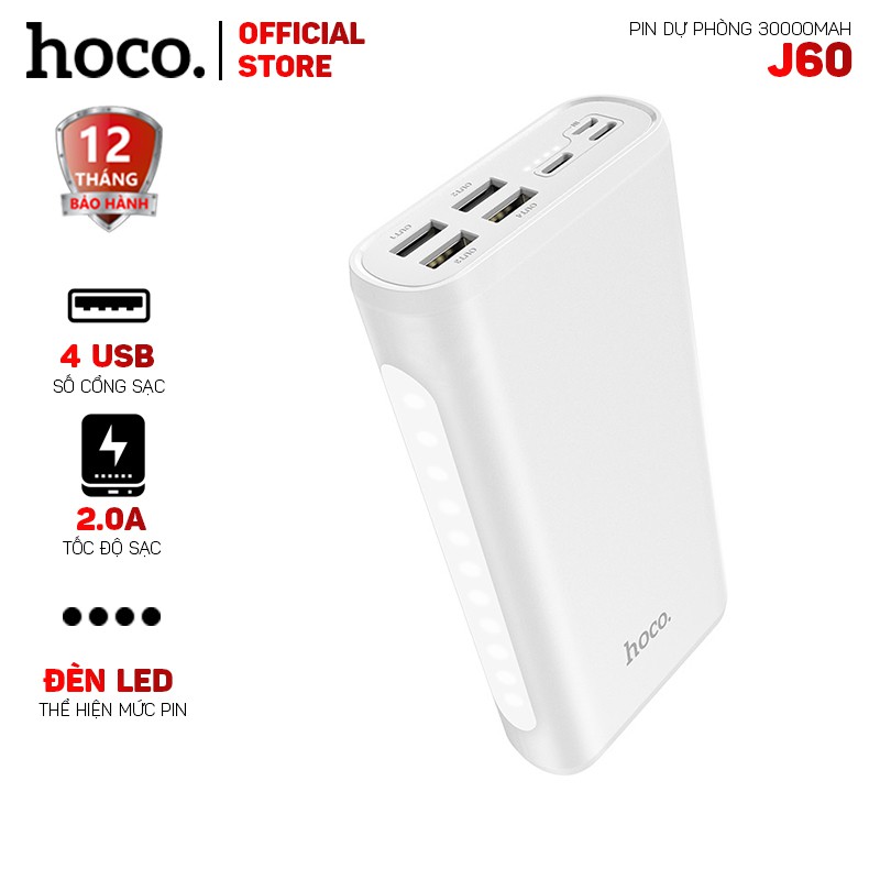 [Mã ELTECHZONE giảm 5% đơn 500K] Pin sạc dự phòng Hoco J60 30000mah 4 cổng USB 2.0A có đèn led