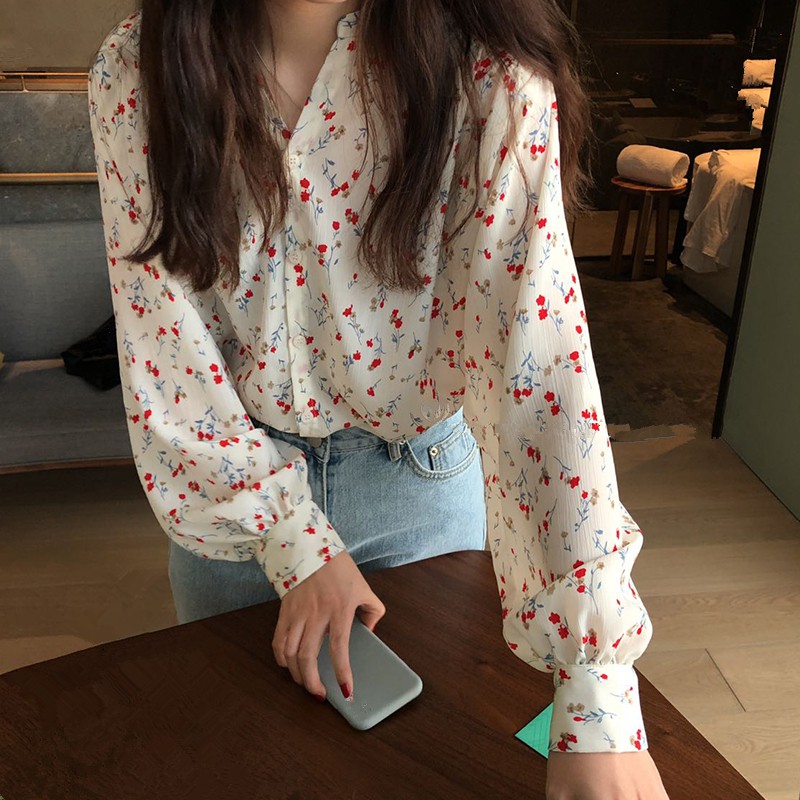 SUXI Áo chiffon nữ tay dài cổ chữ V phối hoạ tiết bông hoa