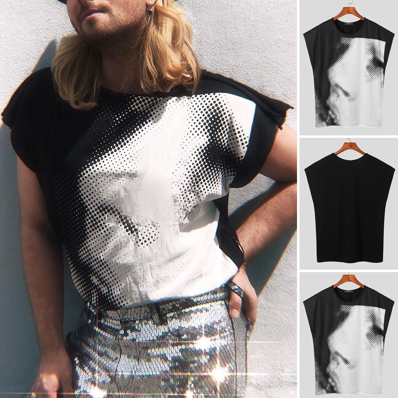 Áo thun INCERUN tay ngắn cổ tròn màu trắng + đen thời trang cho nam