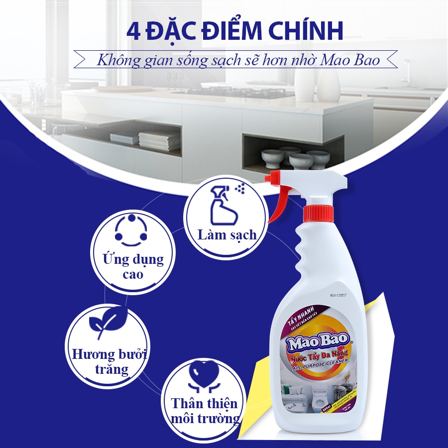 Nước Tẩy Đa Năng Mao Bao túi 600ml tẩy nhà bếp, tẩy vết ố, tẩy dầu mỡ, gỉ sét trên mặt kính, gạch men, mùi thơm tươi mát