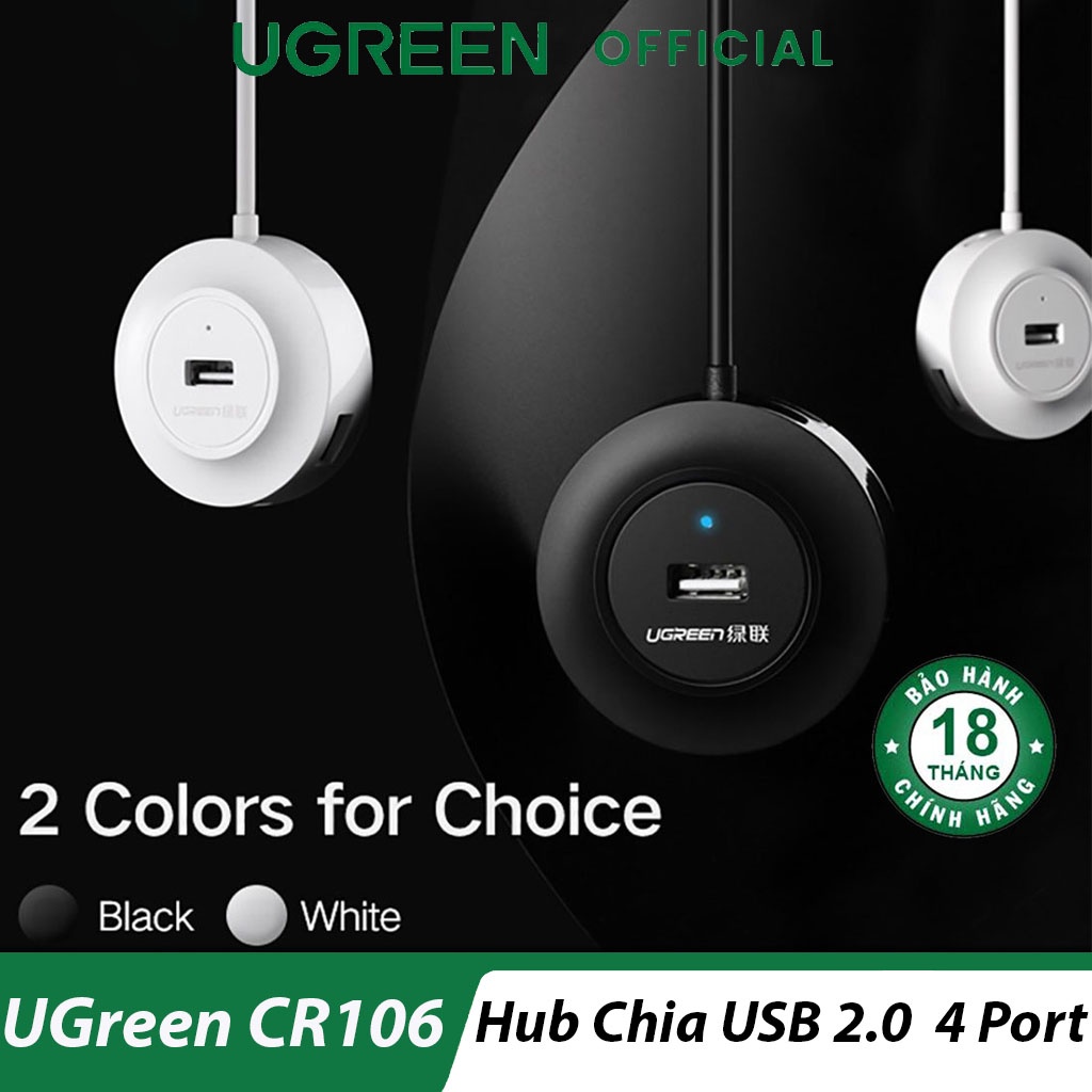 Bộ Chia USB 2.0 4 Cổng Trắng Đen Có Nguồn &amp; LED Ugreen CR106 - BH 18T Chính Hãng