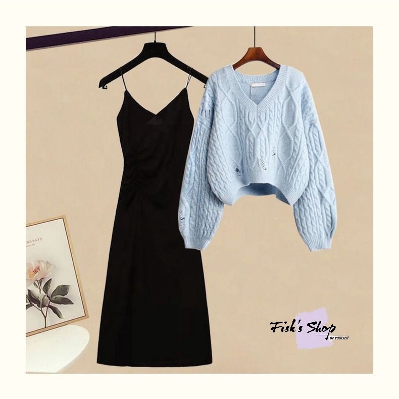 Set áo len váy hai dây