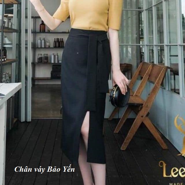 Chân váy bút chì suông xẻ trước thắt dây cạp sang chảnh dài 70cm- M63