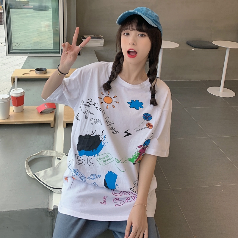 Cartoon Printed Short-sleeved T-shirt Women Mid-length White Grey Blue M-L