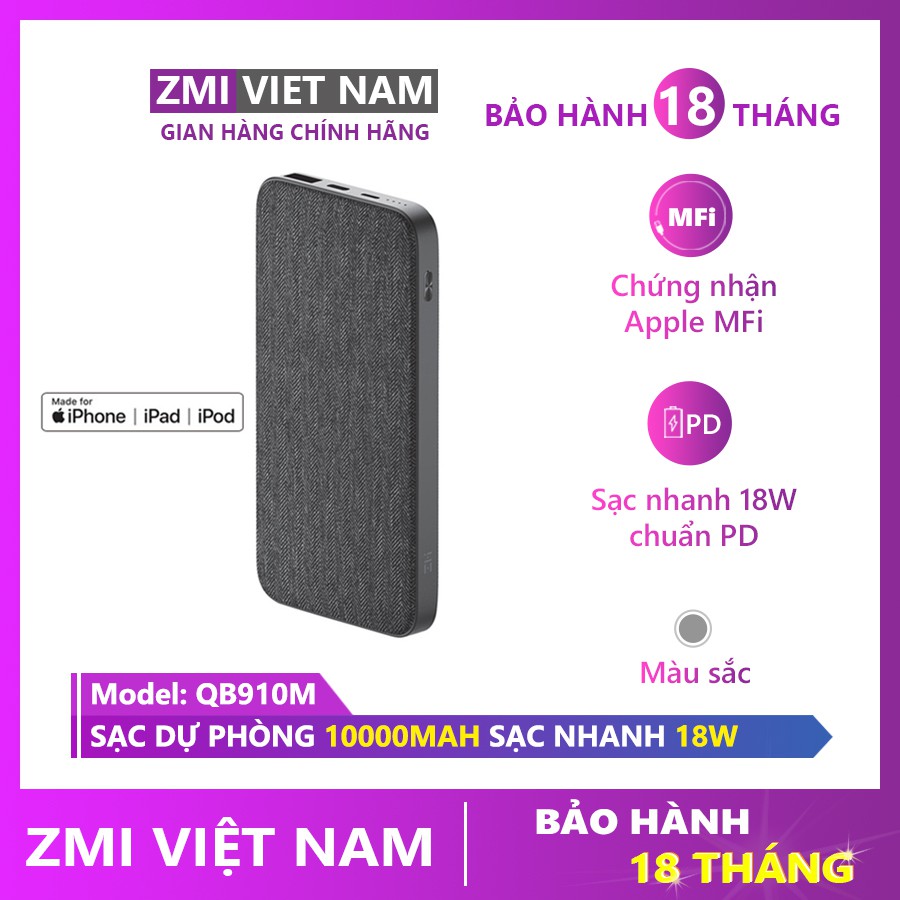 Sạc Dự Phòng QB910M 10000mAh Chuẩn MFi,1 Cổng Type C,1 Cáp sạc,1 USB A|Bảo Hành 18 Tháng