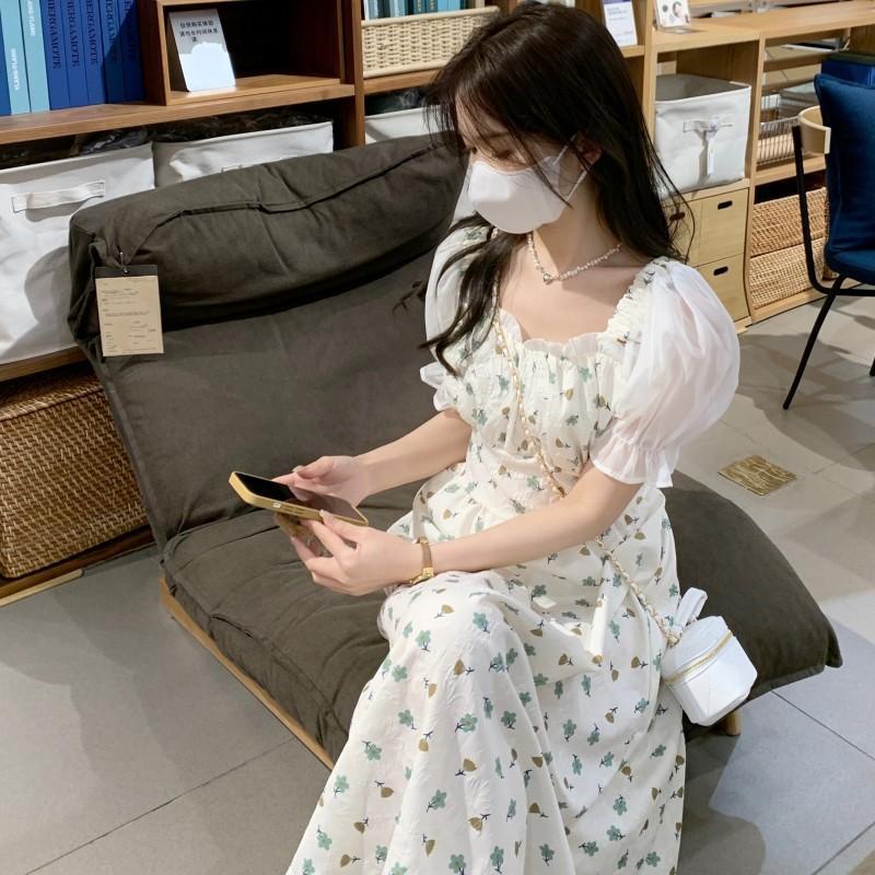 Đầm Tay Ngắn Phồng Cổ Vuông In Họa Tiết Hoa Phong Cách Pháp Thời Trang Mùa Hè Mới Cho Nữ