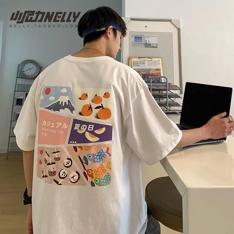 Áo thun 100% cotton tay ngắn dáng rộng in họa tiết hoạt hình phong cách Nhật Bản cho nam và nữ size M-3XL