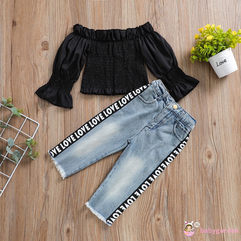 Bộ áo thun cổ thuyền và quần jean denim màu trơn trẻ trung thời trang dành cho bé gái