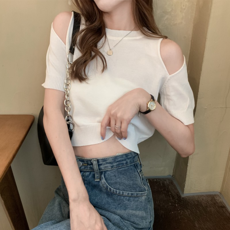 Áo Croptop Dệt Kim Tay Ngắn Cổ Tròn Hở Vai Cá Tính Cho Nữ