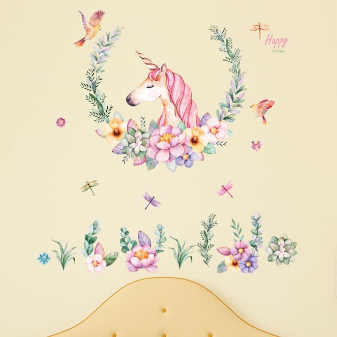 Giấy decal dán tường ngựa Pony unicorn trong vườn hoa