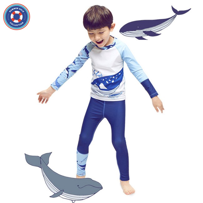 2Pcs/Set Boy Kid Split Swimwear Tops + Pants Blue Shark Long Sleeve Swimsuit Beachwear for 2-9 Years