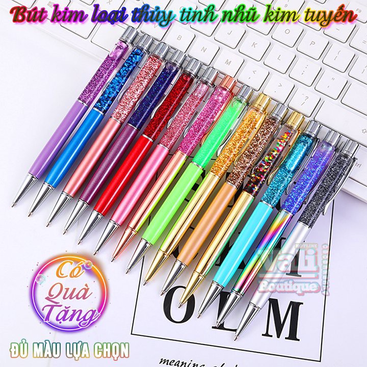 Bút bi xoay vỏ kim loại thủy tinh nhũ kim tuyến - nhiều màu (tặng kèm hộp + ruột mực thay thế)