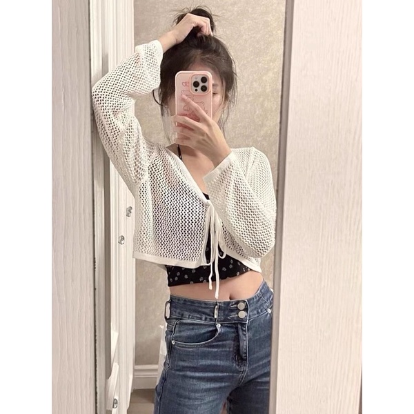 TÁCH SET ÁO CARDIGAN LƯỚI MỎNG CỘT DÂY + QUẦN LOE TUA RUA XANH