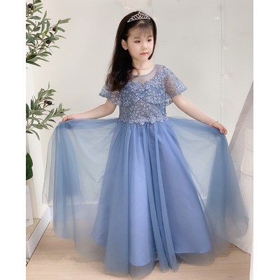 [13kg-40kg] Áo đầm công chúa xòe Xanh choàng vai ren thêu cao cấp cho bé gái