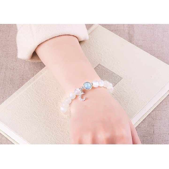 Vòng đá Mặt Trăng mix charm bạc 925, Vòng Phong Thủy hợp mệnh Kim - Thủy. Bảo hành trọn đời