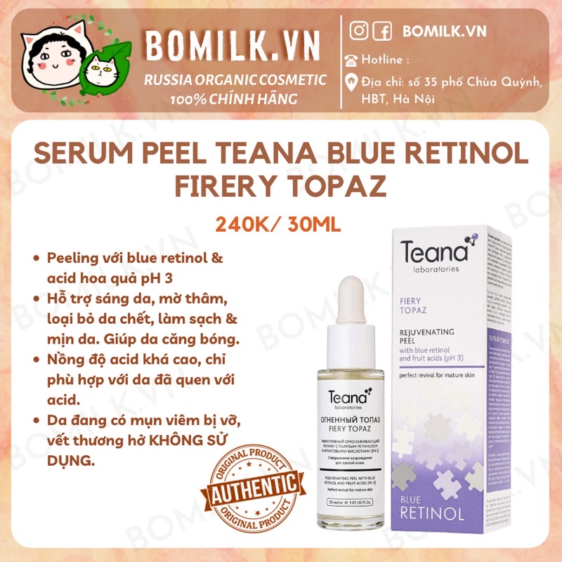 Tẩy da chết hoá học Teana Blue Retinol Peeling Fiery Topaz - làm sạch, mờ thâm &amp; se lỗ chân lông