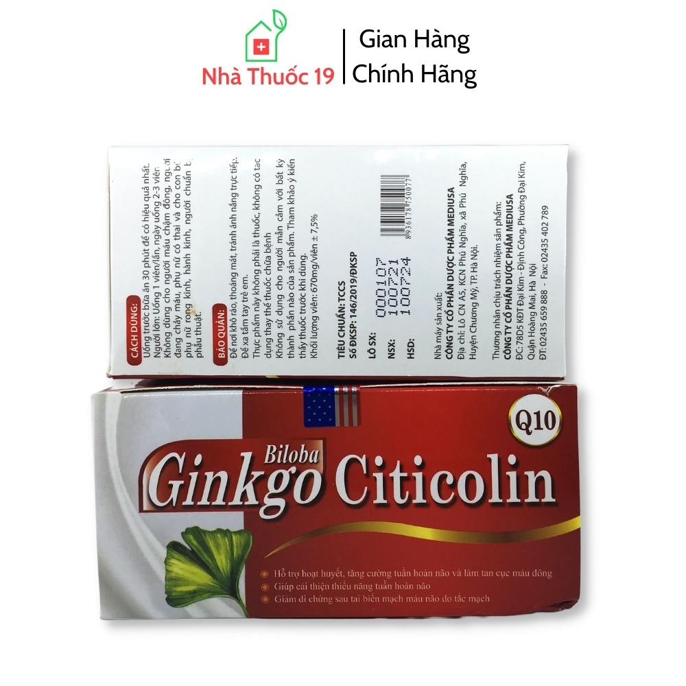 Hoạt Huyết Dưỡng Não Ginko Citicolin Giúp Hoạt Huyết, Tăng Cường Lưu Thông Máu, Tăng Cường Trí Nhớ Hộp 100 viên