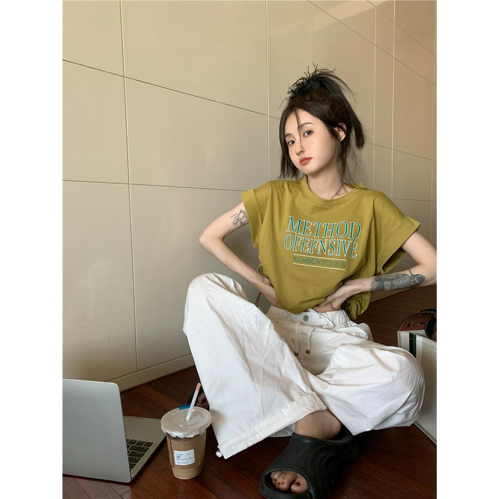 QADCOL  áo crop top Áo Thun Tay Ngắn Phối Dây Rút Trước Ngực In Họa Tiết Độc Đáo Thời Trang Mùa Hè Chất Lượng áo croptop tay dài form rộng Cao Cho Nữ