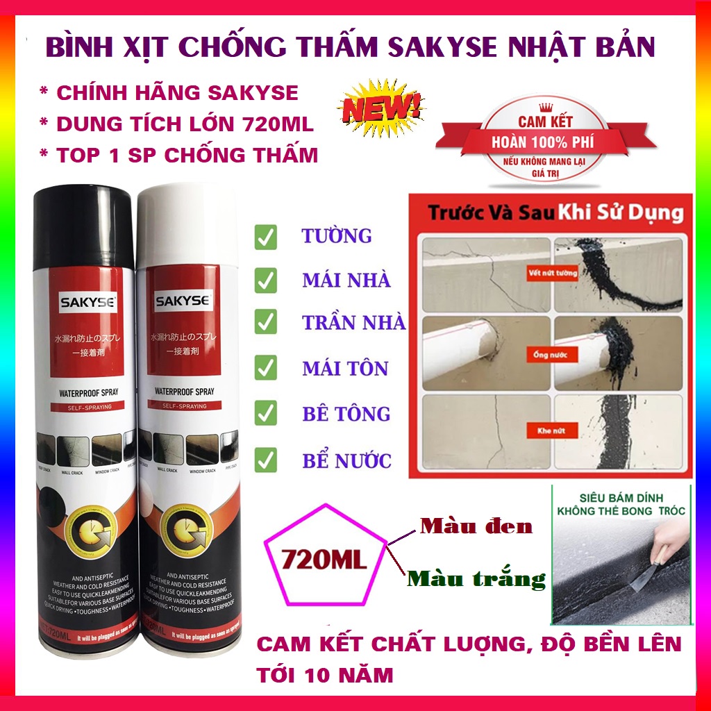 Bình xịt chống thấm Sakyse Nhật Bản 720ml chống thấm dột tường, trần nhà, mái tôn, sân thượng bản mới 2022