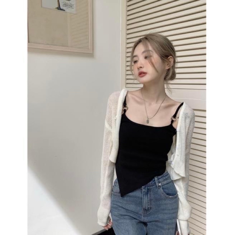 Set áo hai dây thun đen vạt chéo ôm croptop và áo khoác cardigan tay dài voan trắng kiểu nữ - Order taobao quảng châu