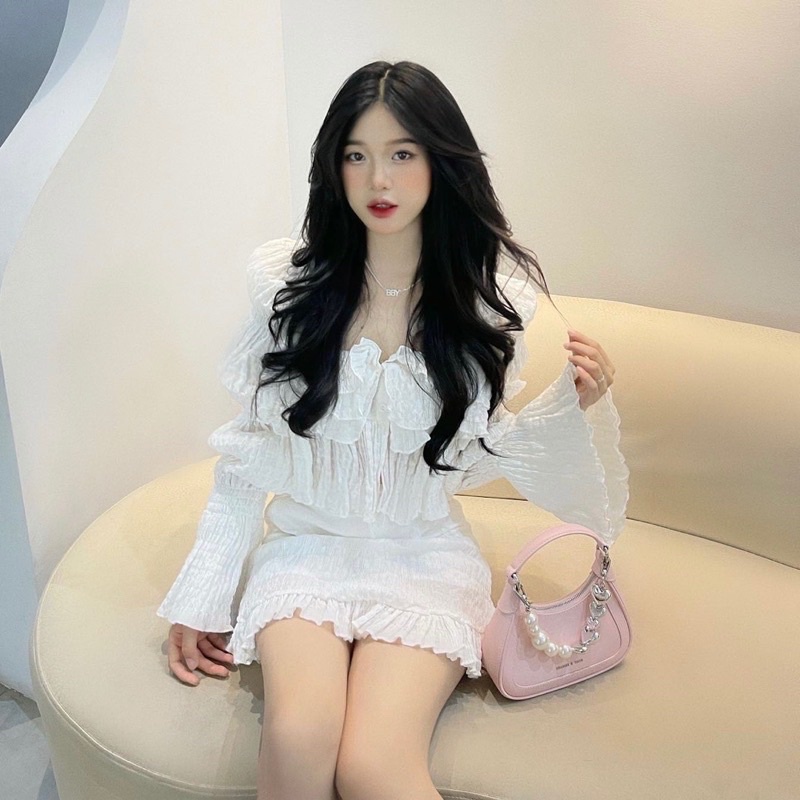 SET ÁO + VÁY TRẮNG XỐP CỔ VUÔNG BÁNH BÈO, DỄ THƯƠNG, KỶ YẾU, SINH NHẬT, ĐI TIỆC CƯỚI, CHƠI, TIỂU THƯ