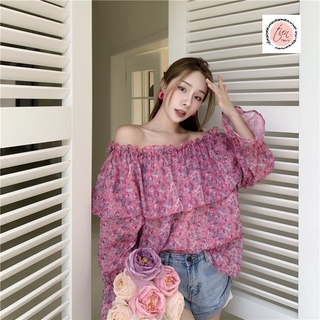 Áo hoa nhí trễ vai dài tay viền ngực dáng tiểu thư