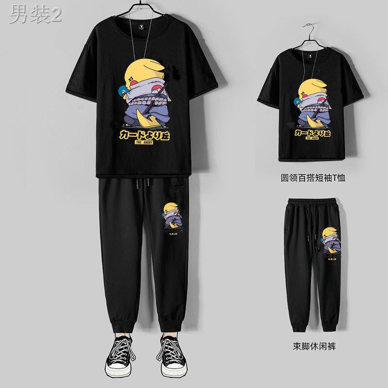 ○Bộ đồ Pikachu nam và thanh niên áo thun ngắn tay thể thao sinh viên giản dị quần chín điểm xu hướng
