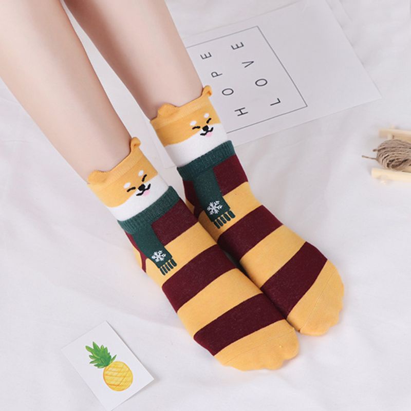 Set 5 Đôi Tất Kẻ Sọc Đính Tai Thỏ / Gấu Hoạt Hình 3D Dễ Thương Cho Nữ