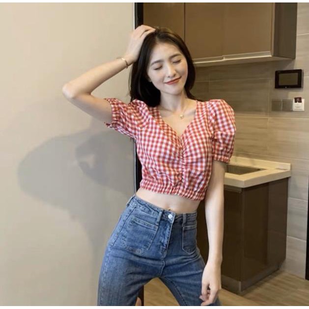 Áo Croptop Caro Cổ Tim Nhún Ngực Tay Phồng Bo Eo Nữ Màu Xanh/Đen/Vàng/Hồng Đỏ DRACR09 mys hitshop | BigBuy360 - bigbuy360.vn
