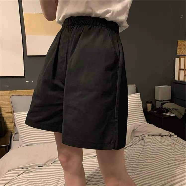 Quần Short Kaki 2 Màu Đen Be PEONYB Nữ [FREESHIP]  Sooc đùi ống rộng cạp thun retro hàn quốc cá tính Ulzzang