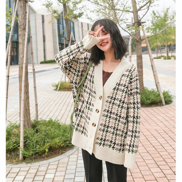 Áo khoác len cardigan thu đông họa tiết houndstooth