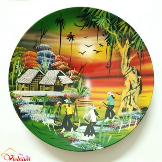 Đĩa sơn mài lưu niệm - làng quê việt nam