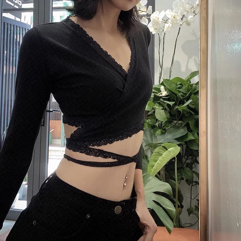 Áo Kiểu Croptop Cổ V Tay Dài, [ADORABLE], Top Thun Gân Cột Dây Thắt Eo Ảnh Thật