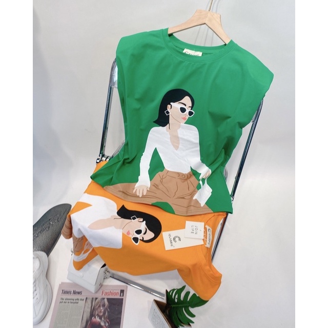 Áo độn vai iClassic thun cotton phông sát nách Cam Xanh Lá thời trang nữ áo kiểu sang trọng thanh lịch đi chơi dạo phố