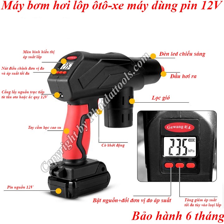 Máy Bơm Hơi Lốp Ôtô-Xe Máy Dùng Pin 12V - Màn Hình Hiển Thị Áp Lực Nén - Bơm Đa Năng, Hữu Dụng - Bảo Hành 6 Tháng