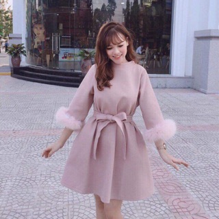 Váy dạ buộc eo tay lông 2 bên