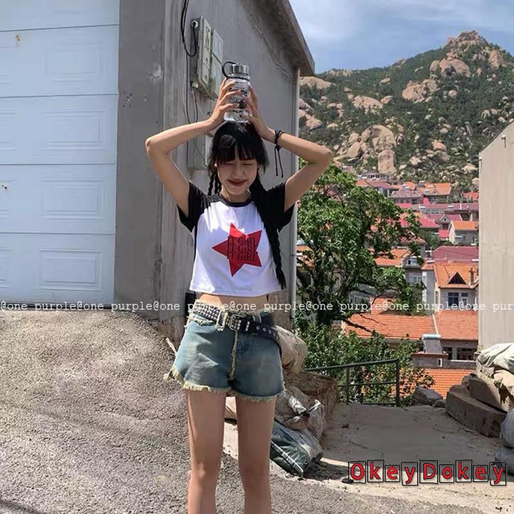 Áo Thun Crop Top Tay Ngắn Cổ Tròn In Chữ Và Ngôi Sao Màu Tương Phản Thời Trang Cho Bạn Gái