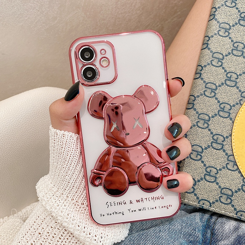 Ốp điện thoại hình gấu 3D mạ vàng hồng/xanh/tím cho iPhone 13 ProMax 12 ProMax 11 X Xr XsMax 8 7Plus