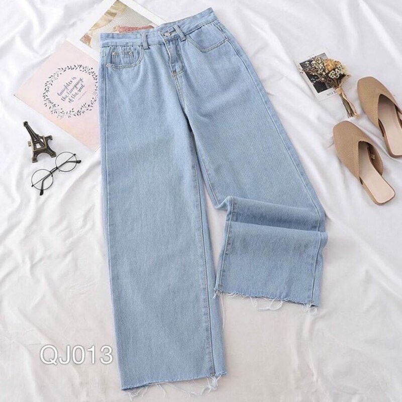 Quần Baggy Jean Nữ LB_Official , Lưng Cao Ống Rộng, Lai Tua