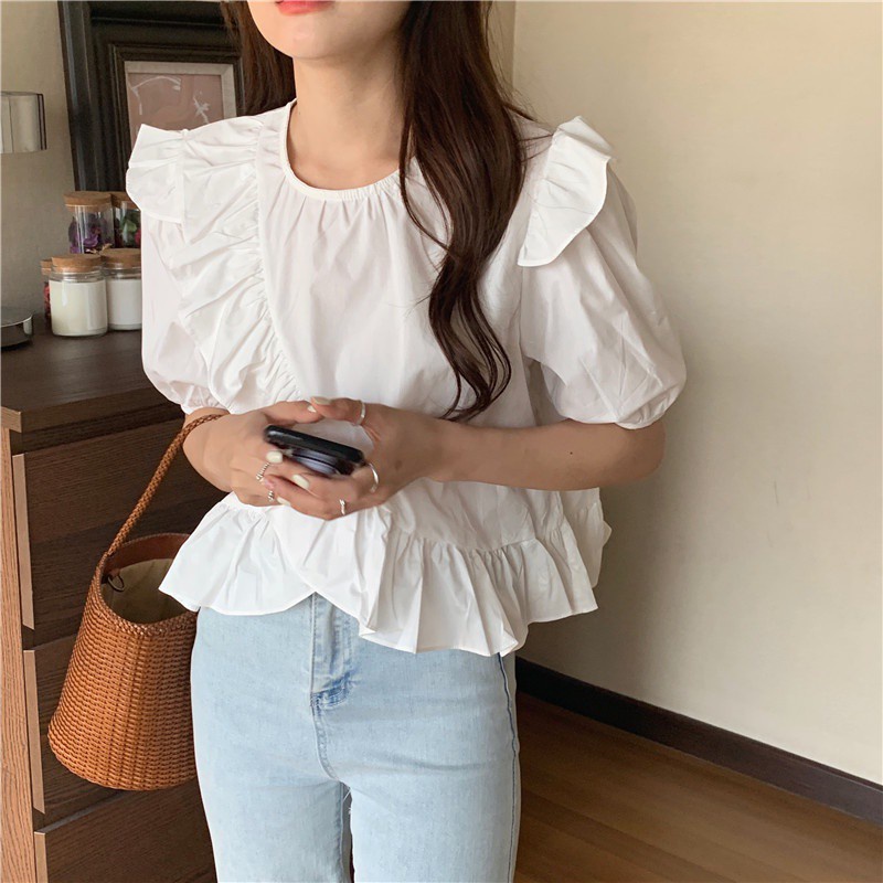 Áo Sơ Mi Trắng Tay Ngắn Cổ Tròn Nhún Bèo 44606