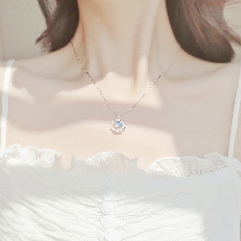 Dây Chuyền Mặt Trăng Đá Xanh Moonstone Nhân Tạo Đính Đá Bạc Ý 925 Cao Cấp, Dây Chuyền Nữ Bạc Đá Mặt Trăng