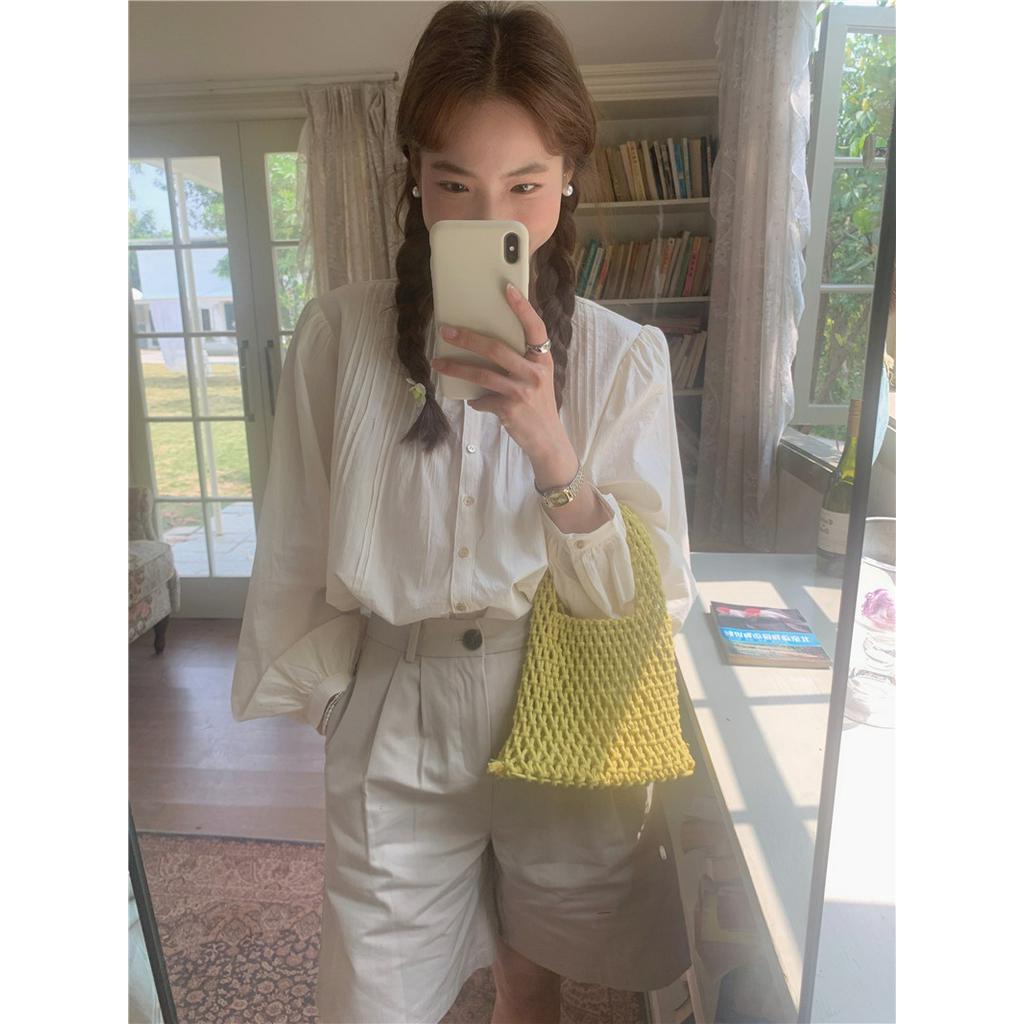 Áo Sơ Mi Dài Tay Cổ Tròn Dáng Rộng Màu Sắc Đơn Giản 61914