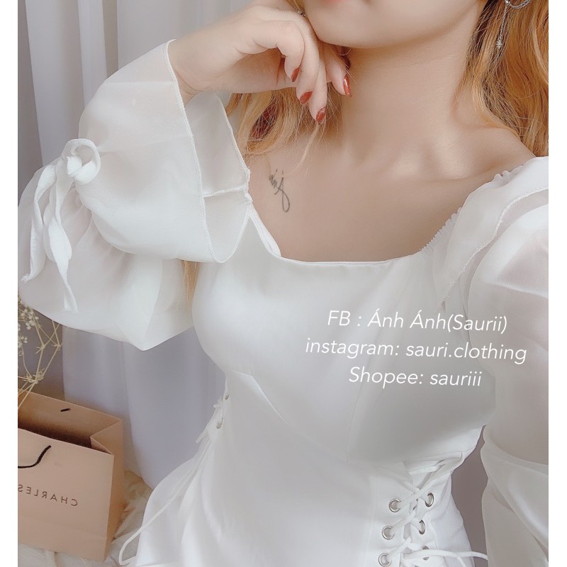 SẴNĐầm xoè trắng công chúa ulzzang tiểu thư đan dây eo xinh xắn|Váy đi tiệc pha tay voan sang chảnh quyến rũ