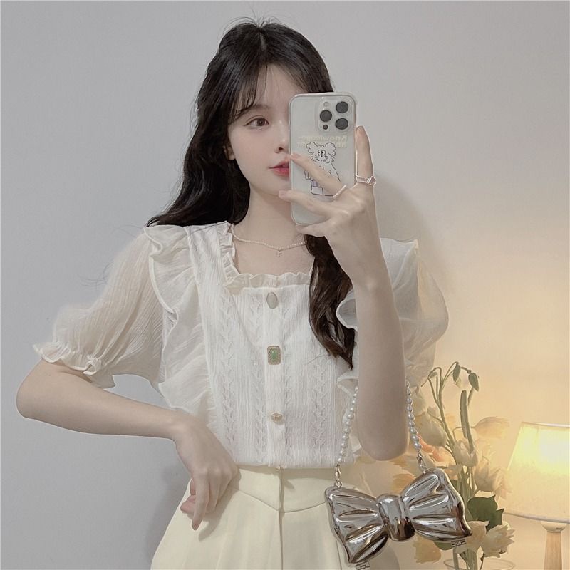 Áo sơ mi IELGY tay ngắn cổ vuông phối bèo phong cách Pháp dành cho nữ