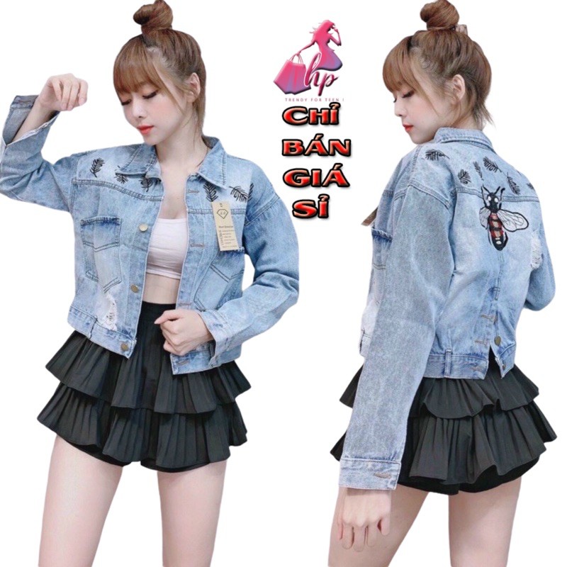 áo khoác jean nữ cao cấp thêu ong siêu mới phối cúc lưng thơif trang