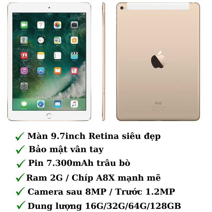 Máy tính bảng iPad Air 2 (Wifi + 4G) 16GB /32GB /64GB Chính Hãng - Zin Đẹp 99% - Máy mỏng - Màn đẹp - Apple88 | BigBuy360 - bigbuy360.vn