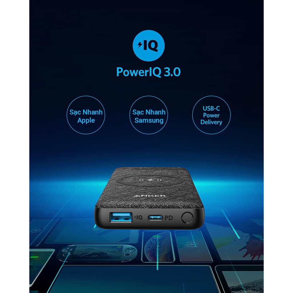 Pin dự phòng Anker PowerCore Wireless 10000 Không dây sạc nhanh PD 18W Iphone - A1617 cho Iphone 8  X Xs 11 12 Pro Max