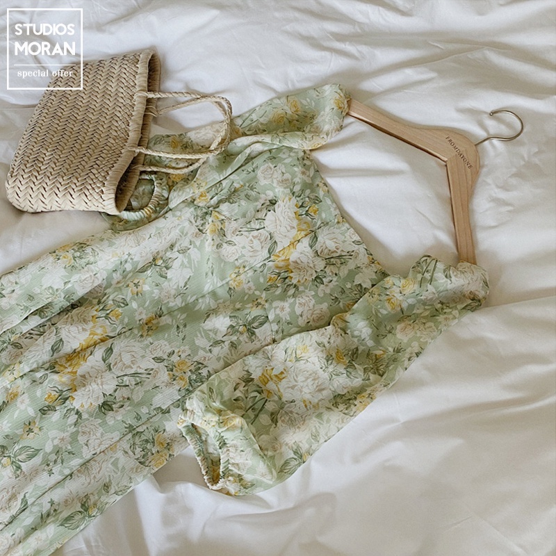 Váy MORAN voan hoa xanh cổ vuông nhẹ nhàng tiểu thư sang trọng kiểu Pháp xòe dài